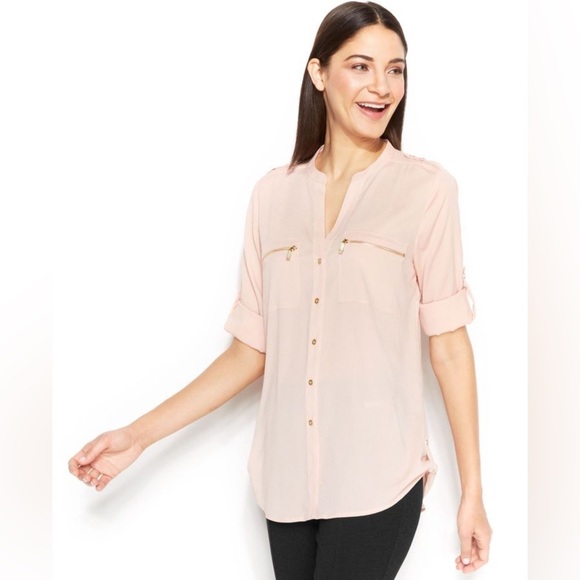 CALVIN KLEIN Long Sleeve Utility Blouse in Coral - Picture 1 of 6